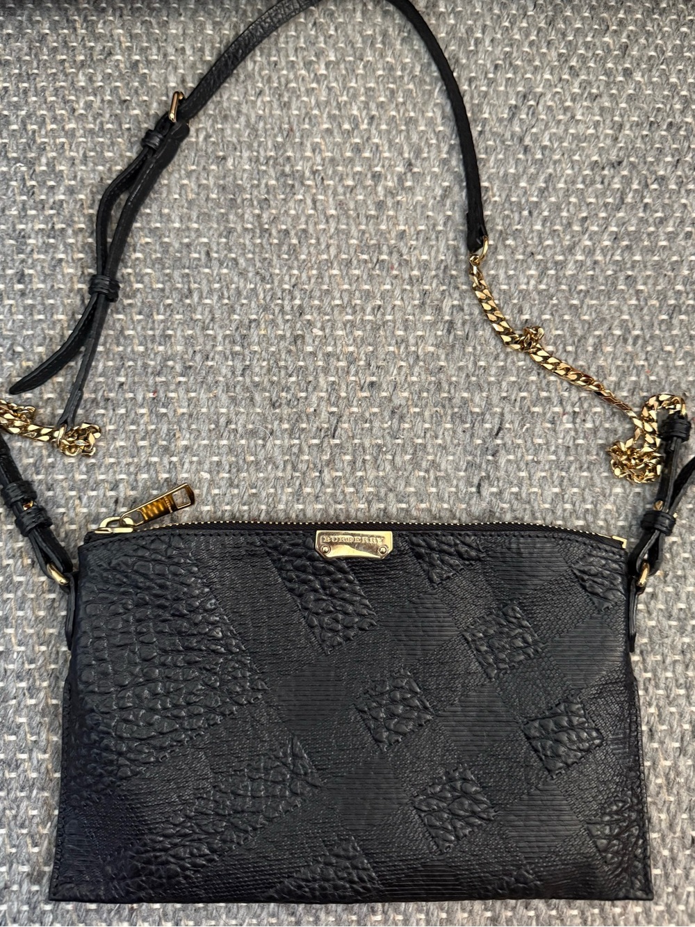 Burberry Black Textured Leather Crossbody with Gold Chain Accents